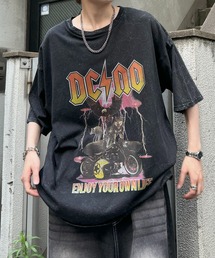 ヴィンテージライク ロックプリント レトロ ピグメント加工 ビッグシルエット半袖バンドTシャツ カットソー メンズ レディース