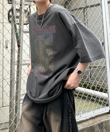 ヴィンテージライク ロックプリント レトロ ピグメント加工 ビッグシルエット半袖バンドTシャツ カットソー メンズ レディース