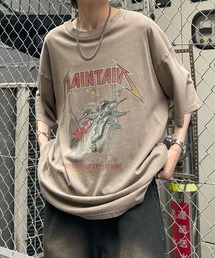 ヴィンテージライク ロックプリント レトロ ピグメント加工 ビッグシルエット半袖バンドTシャツ カットソー メンズ レディース