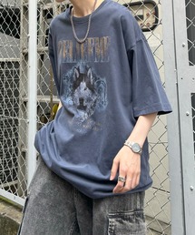 ヴィンテージライク ロックプリント レトロ ピグメント加工 ビッグシルエット半袖バンドTシャツ カットソー メンズ レディース