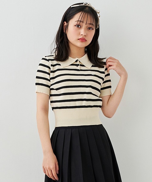 by LOVEiT(バイラビット)の「ウォッシャブルボーダーポロニット(ニット/セーター・キッズ・ベージュ/ブラック・130cm/140cm/150cm/120cm/160cm)」の1枚目の写真