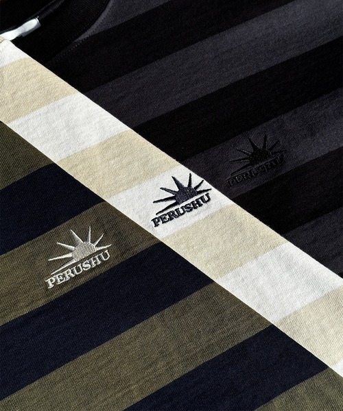 Perushu（ペルーシュ）の「ドローコード付きボーダーロンT（Tシャツ/カットソー・メンズ・グリーン/チャコールグレー/ライトベージュ・MEDIUM/LARGE）」の17枚目の写真