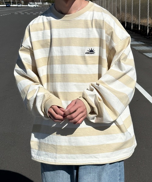 Perushu（ペルーシュ）の「ドローコード付きボーダーロンT（Tシャツ/カットソー・メンズ・グリーン/チャコールグレー/ライトベージュ・MEDIUM/LARGE）」の19枚目の写真