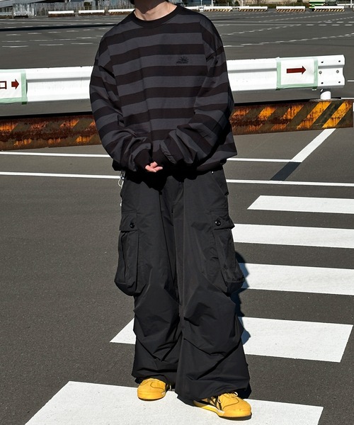 Perushu（ペルーシュ）の「ドローコード付きボーダーロンT（Tシャツ/カットソー・メンズ・グリーン/チャコールグレー/ライトベージュ・MEDIUM/LARGE）」の9枚目の写真