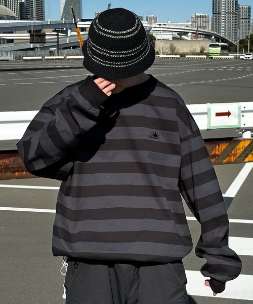 Perushu（ペルーシュ）の「ドローコード付きボーダーロンT（Tシャツ/カットソー・メンズ・グリーン/チャコールグレー/ライトベージュ・MEDIUM/LARGE）」の6枚目の写真