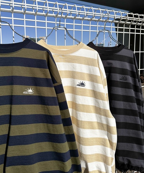 Perushu（ペルーシュ）の「ドローコード付きボーダーロンT（Tシャツ/カットソー・メンズ・グリーン/チャコールグレー/ライトベージュ・MEDIUM/LARGE）」の5枚目の写真