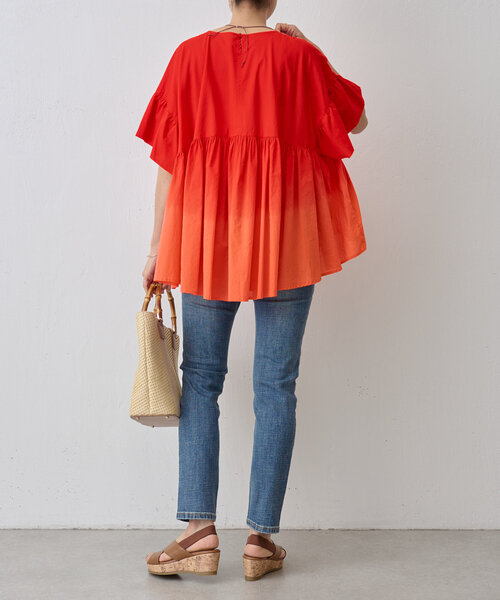 グラデーションギャザーブラウス カディ・グラデーションボーダー・セルビッチギャザーブラウス