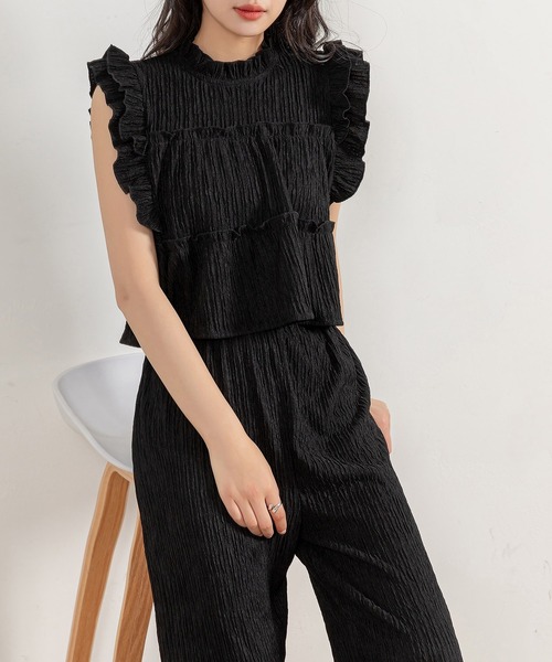 DAY CLOSET（デイ クローゼット）の「レディース ヨウリュウ風フリルトップス+ワイドパンツセットアップ 上下2点セット（セットアップ・レディース・ブラック/アイボリー/ブルーグレー/ピンク/ベージュ・FREE）」の6枚目の写真