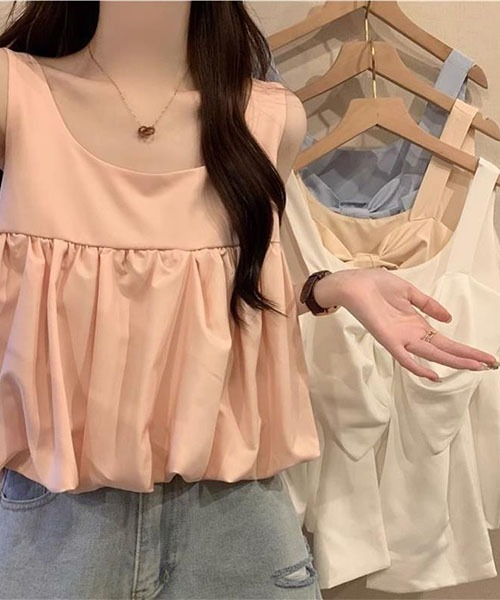 gossip!ロサンゼルス(ゴシップロサンゼルス)の「特大リボン 2WAY 着こなし ワイドストラップキャミソール クロップド丈 A ライン レディース 夏トップス 4 色展開(キャミソール・レディース・ホワイト/ピンク/ベージュ/サックスブルー・FREE)」の19枚目の写真
