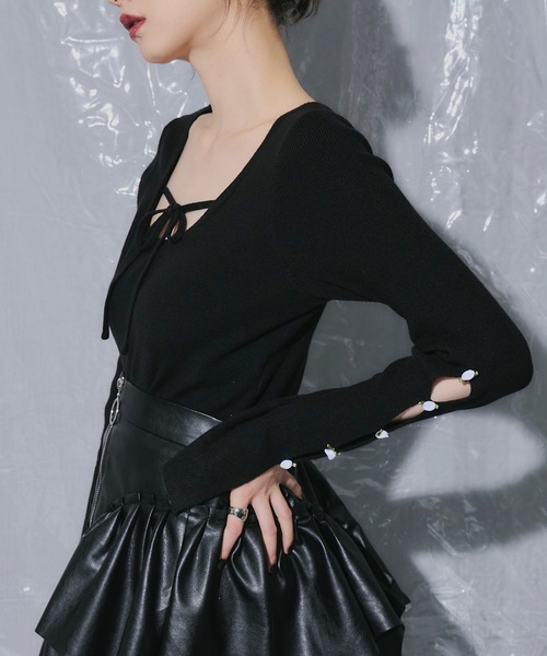 VIOLETTA（ヴィオレッタ）の「ローズモチーフクロップドニットトップス（ニット/セーター・レディース・レッド/ライトグレー/ブラック/ホワイト・FREE）」の9枚目の写真