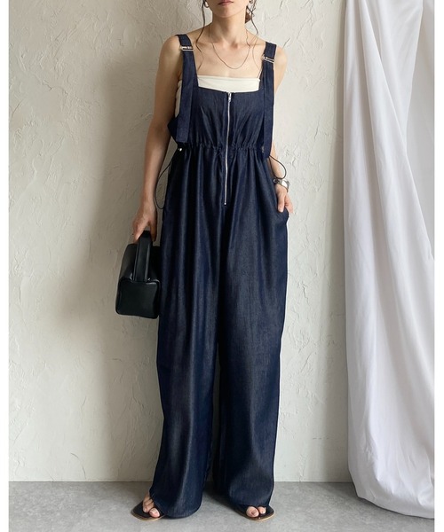 She's Closet(シーズクローゼット)の「フロントジップハイウエストドローストリング付きミリタリーワイドパンツオールインワンサロペット(サロペット/オーバーオール・レディース・インディゴブルー/ブラック・FREE)」の7枚目の写真