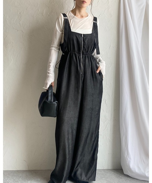 She's Closet(シーズクローゼット)の「フロントジップハイウエストドローストリング付きミリタリーワイドパンツオールインワンサロペット(サロペット/オーバーオール・レディース・インディゴブルー/ブラック・FREE)」の5枚目の写真