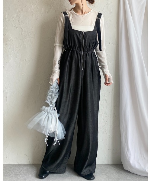 She's Closet(シーズクローゼット)の「フロントジップハイウエストドローストリング付きミリタリーワイドパンツオールインワンサロペット(サロペット/オーバーオール・レディース・インディゴブルー/ブラック・FREE)」の16枚目の写真