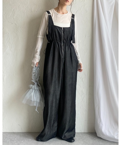 She's Closet(シーズクローゼット)の「フロントジップハイウエストドローストリング付きミリタリーワイドパンツオールインワンサロペット(サロペット/オーバーオール・レディース・インディゴブルー/ブラック・FREE)」の15枚目の写真