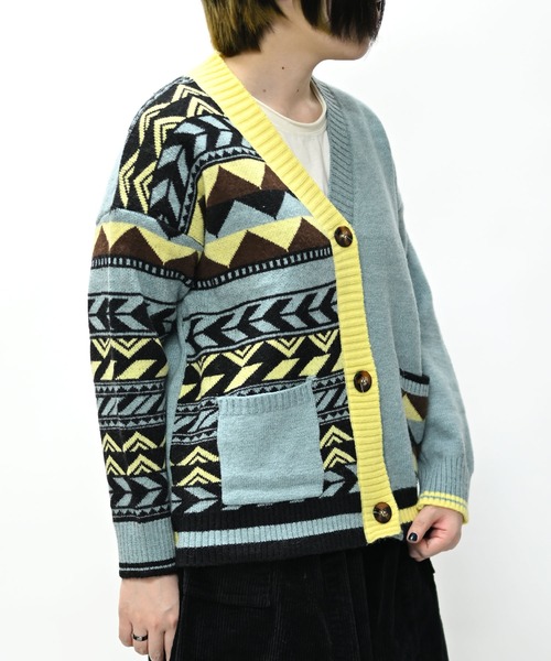 幾何学柄 オルテガ柄 総柄 長袖ニットカーディガン（カーディガン