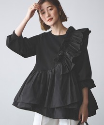 洗える | ショルダー フリル ペプラム TOPS | 長袖 トップス 二の腕カバー 体型カバー 袖ボリューム オフィスカジュアル 通勤服 華やか カットソー ブラウス