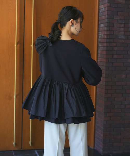 新品未使用 タグ付き em. ダブルフリルペプラムトップス 黒 洗える ｜ ショルダー フリル ペプラム TOPS ｜ 長袖 トップス