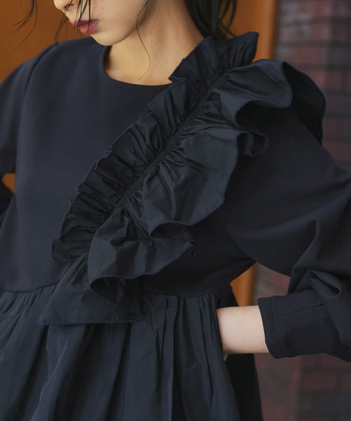 洗える ｜ ショルダー フリル ペプラム TOPS ｜ 長袖 トップス