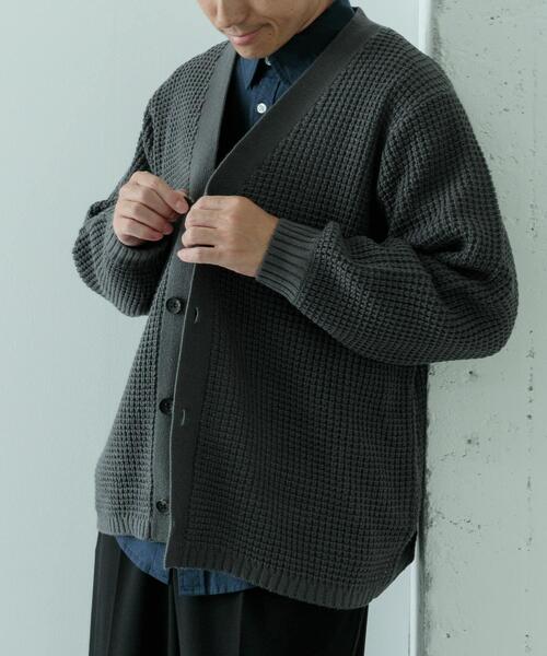 セール】ワッフル編み Vネックニットカーディガン（カーディガン