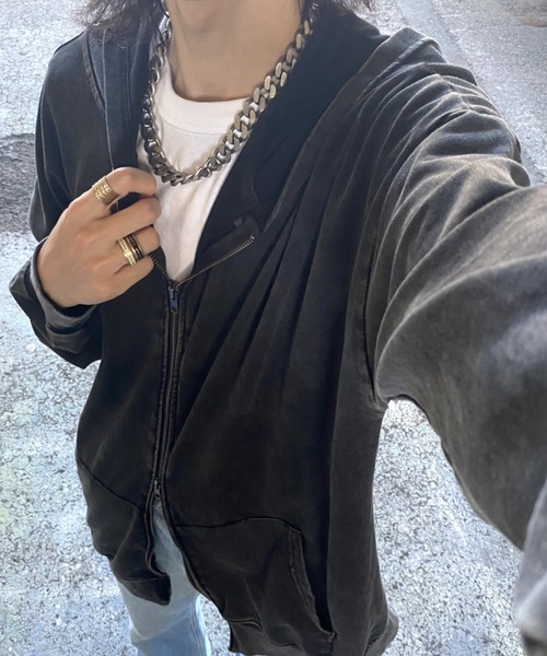 DEVICE（デバイス）の「ピグメント ヴィンテージライク 韓国 古着風 ダブルジップ スウェット トレーナー パーカー（パーカー・レディース・ブラック・FREE）」の10枚目の写真