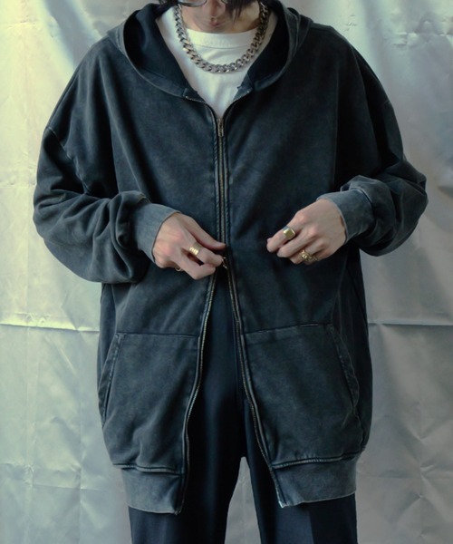 DEVICE（デバイス）の「ピグメント ヴィンテージライク 韓国 古着風 ダブルジップ スウェット トレーナー パーカー（パーカー・レディース・ブラック・FREE）」の6枚目の写真