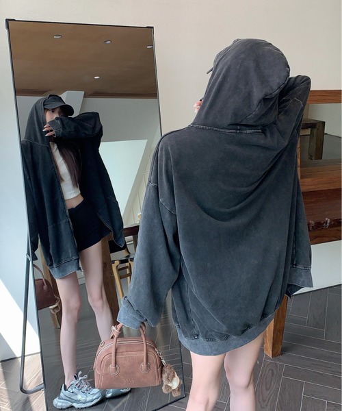 DEVICE（デバイス）の「ピグメント ヴィンテージライク 韓国 古着風 ダブルジップ スウェット トレーナー パーカー（パーカー・レディース・ブラック・FREE）」の16枚目の写真