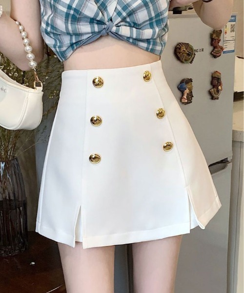 kirakiraShop(キラキラショップ)の「金ボタン ハイウエスト ミニスカート パンツ(スカート・レディース・ホワイト/ブラック・M/L)」の2枚目の写真