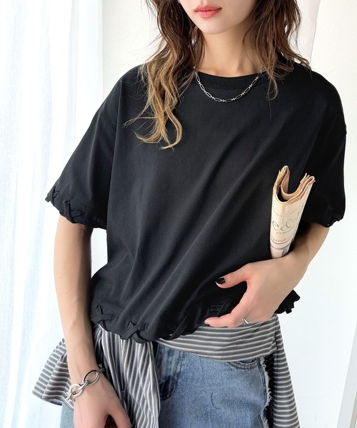 classicalelf（クラシカルエルフ）の「華やかさとこなれ感を両立！レースアップデザインクロップドＴシャツ(半袖)（Tシャツ/カットソー・レディース・チャコール/ベージュ×ブラック/ブラック×ベージュ/アイボリー系1/ブラック×ブラック/チャコールグレー×ブラック・LARGE/MEDIUM/SMALL/X-LARGE）」の7枚目の写真