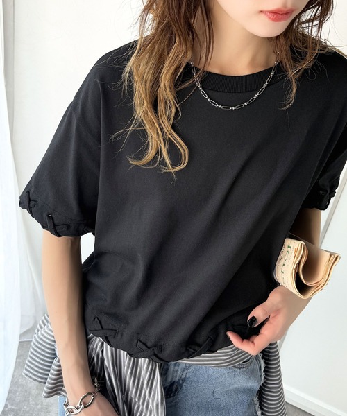 classicalelf（クラシカルエルフ）の「華やかさとこなれ感を両立！レースアップデザインクロップドＴシャツ(半袖)（Tシャツ/カットソー・レディース・チャコール/ベージュ×ブラック/ブラック×ベージュ/アイボリー系1/ブラック×ブラック/チャコールグレー×ブラック・LARGE/MEDIUM/SMALL/X-LARGE）」の8枚目の写真