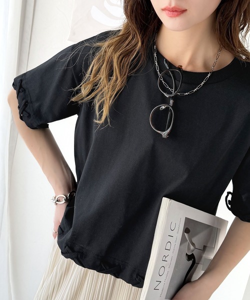 classicalelf（クラシカルエルフ）の「華やかさとこなれ感を両立！レースアップデザインクロップドＴシャツ(半袖)（Tシャツ/カットソー・レディース・チャコール/ベージュ×ブラック/ブラック×ベージュ/アイボリー系1/ブラック×ブラック/チャコールグレー×ブラック・LARGE/MEDIUM/SMALL/X-LARGE）」の10枚目の写真
