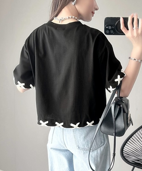 セール】華やかさとこなれ感を両立！レースアップデザインクロップドT  