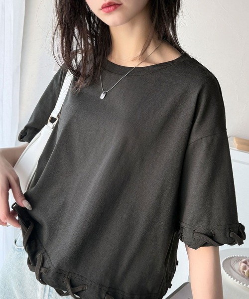 セール】華やかさとこなれ感を両立！レースアップデザインクロップドT  