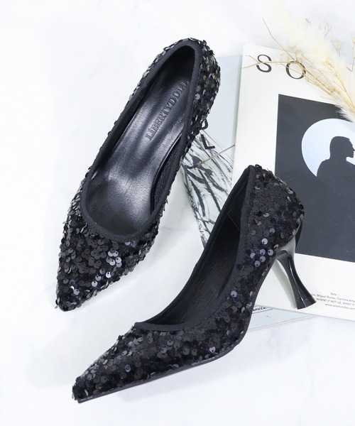LibertyDoll(リバティードール)の「LIBERTYDOLL/スパンコール ポインテッドトゥ パンプス レディース 7.5cmヒール 美脚 クッション 結婚式 パーティー オケージョン フォーマル 通勤 オフィス 韓国ファッション(1032)(パンプス・レディース・ブラック/シルバー・SS/S/M/L/LL/3L)」の2枚目の写真
