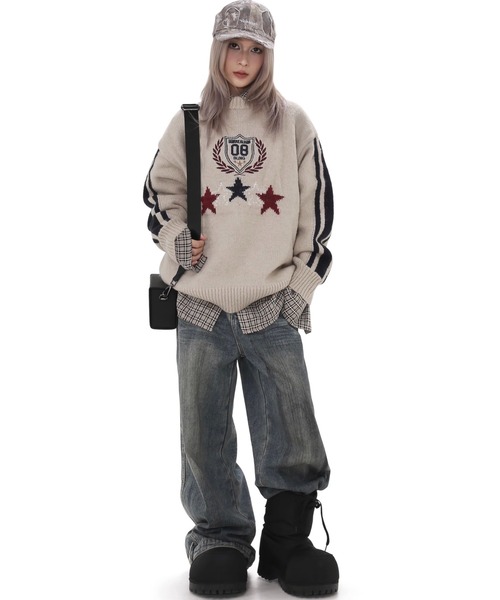 WESTBOY（ウエストボーイ）の「オーバーサイズ ニットプルオーバーWO25S3TP01【WB ORIGINALS】（ニット/セーター・メンズ・ダークネイビー/レッド/ホワイト・L/M/XL）」の2枚目の写真