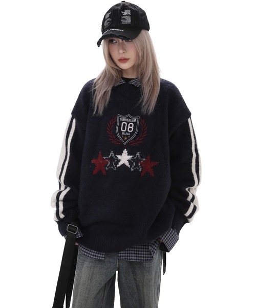 WESTBOY（ウエストボーイ）の「オーバーサイズ ニットプルオーバーWO25S3TP01【WB ORIGINALS】（ニット/セーター・メンズ・ダークネイビー/レッド/ホワイト・L/M/XL）」の3枚目の写真