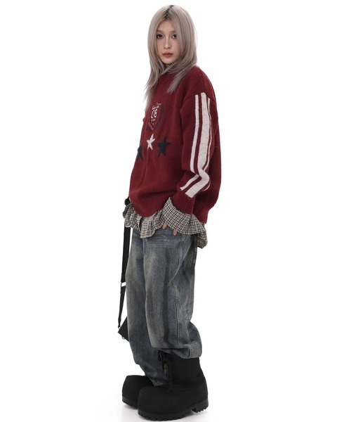 WESTBOY（ウエストボーイ）の「オーバーサイズ ニットプルオーバーWO25S3TP01【WB ORIGINALS】（ニット/セーター・メンズ・ダークネイビー/レッド/ホワイト・L/M/XL）」の4枚目の写真