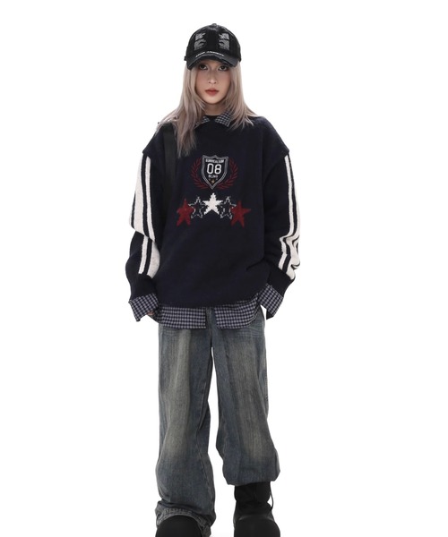 WESTBOY（ウエストボーイ）の「オーバーサイズ ニットプルオーバーWO25S3TP01【WB ORIGINALS】（ニット/セーター・メンズ・ダークネイビー/レッド/ホワイト・L/M/XL）」の7枚目の写真