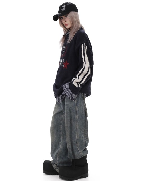 WESTBOY（ウエストボーイ）の「オーバーサイズ ニットプルオーバーWO25S3TP01【WB ORIGINALS】（ニット/セーター・メンズ・ダークネイビー/レッド/ホワイト・L/M/XL）」の8枚目の写真