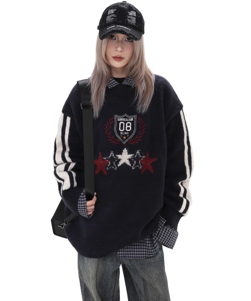 WESTBOY（ウエストボーイ）の「オーバーサイズ ニットプルオーバーWO25S3TP01【WB ORIGINALS】（ニット/セーター・メンズ・ダークネイビー/レッド/ホワイト・L/M/XL）」の10枚目の写真