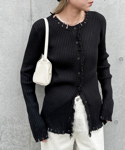 feepur（フェピュール）の「【ハンドウォッシャブル】ダメージリブカーディガン（カーディガン/ボレロ・レディース・ベージュ/杢グレー/ブラック/オフホワイト・MEDIUM）」の3枚目の写真