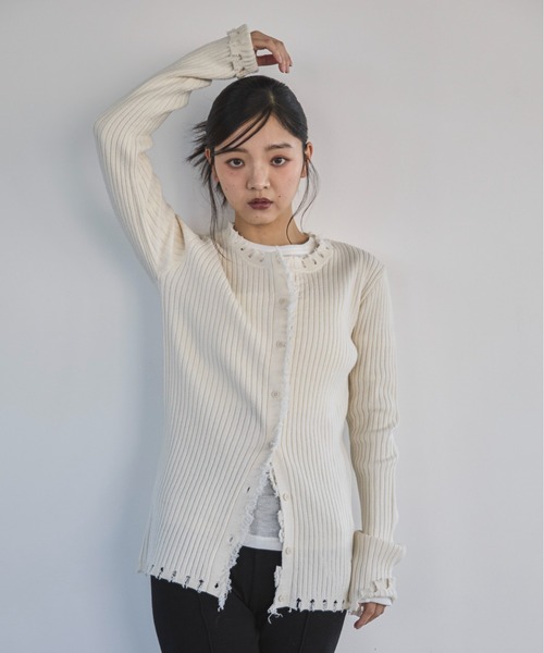 feepur（フェピュール）の「【ハンドウォッシャブル】ダメージリブカーディガン（カーディガン/ボレロ・レディース・ベージュ/杢グレー/ブラック/オフホワイト・MEDIUM）」の13枚目の写真