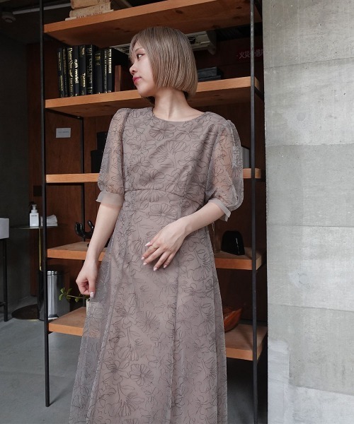 刺繍レースラウンドウエスト切り替えワンピースドレス