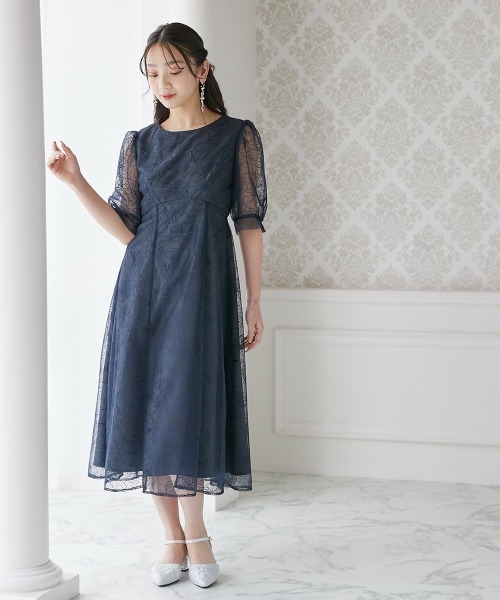 刺繍レースラウンドウエスト切り替えワンピースドレス（ドレス