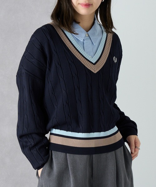 FRED PERRY（フレッドペリー）の「【FRED PERRY】BOLD TIPPED CABLE KNIT JUMPER K1102（ニット/セーター・レディース・ネイビー/アイボリー・FREE）」の7枚目の写真