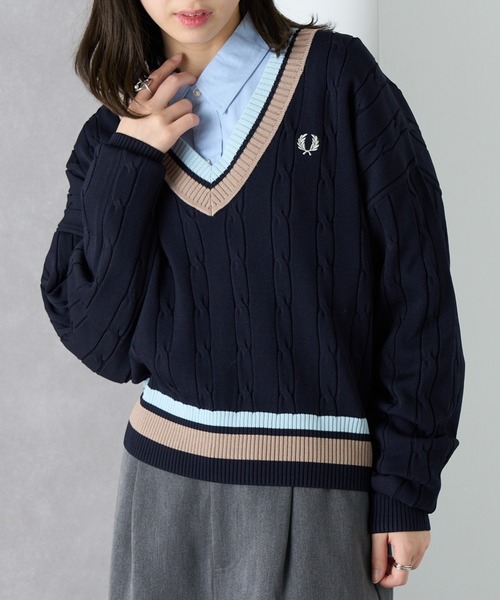 FRED PERRY（フレッドペリー）の「【FRED PERRY】BOLD TIPPED CABLE KNIT JUMPER K1102（ニット/セーター・レディース・ネイビー/アイボリー・FREE）」の8枚目の写真