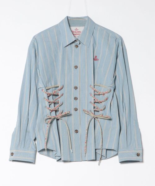 Vivienne Westwood(ヴィヴィアンウエストウッド)の「オーガニックワッシャーストライプサイドレースアップシャツ(シャツ/ブラウス・レディース・ブラック系/ブルー系・FREE)」の2枚目の写真