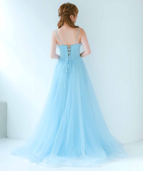 ルミノーゾコムサ　ライトブルー ノースリーブ ドレス キャミソール付き キャバドレス ロング フレア ノースリーブ キャミソールゴージャス