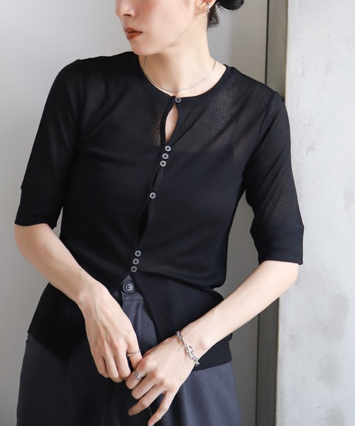 select MOCA(セレクトモカ)の「シアーテレコボタンアップトップス(Tシャツ/カットソー・レディース・ブラック/オフホワイト/グレー/グレイッシュブルー・FREE)」の16枚目の写真