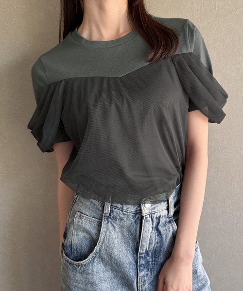 tシャツ ドレープチュールTシャツ レディース 楽天市場】レディース トップス Tシャツ 7分袖 チュールネック