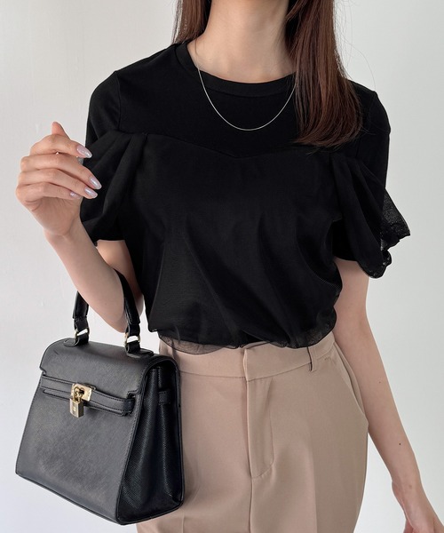 JUNOAH（ジュノア）の「チュールドレープTシャツ（Tシャツ/カットソー・レディース・チャコール/クリーム/ブラック・SMALL/MEDIUM/LARGE）」の4枚目の写真